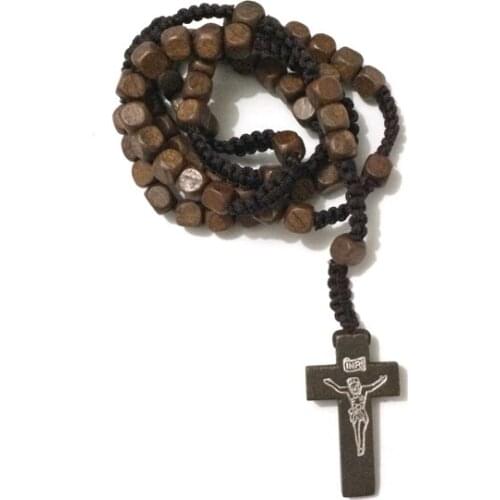 Free ePacket ship 12pcs/lot Mix 3 colors CROSS Prayer Square ROSARY WOOD BEADS NECKLACE WITH CROSS CRUCIFIX