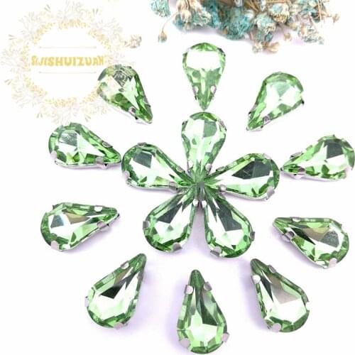 Free shipping! Light green Water drop shape Glass Crystal sew on rhinestones Diy Clothing accessories 8*13mm 5*8mm 6*10mm