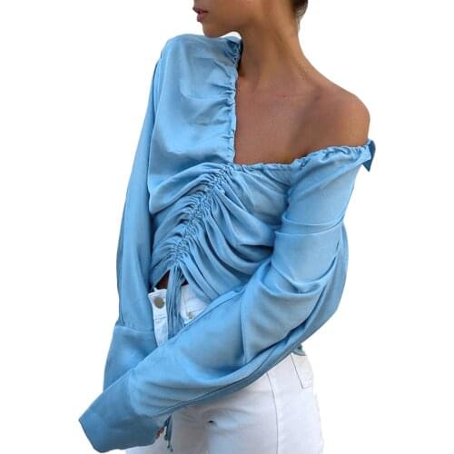 2021 Fashion Sexy Elegant Satin Lady Shirt Long Sleeve Drawstring V Neck Slim Fit Blouse Spring Autumn Casual Solid Crop Top