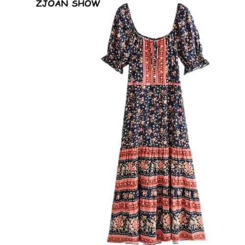 BOHO Bandage Adjust Collar Floral print Women Dress Holiday Short Sleeve off Shoulder Midi Dresses Beach