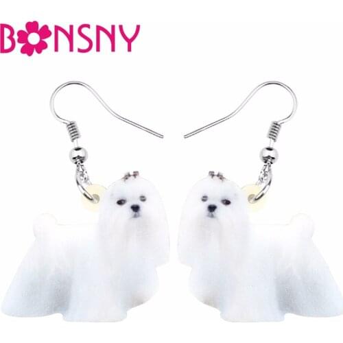 Bonsny Alloy Acrylic Elegant Chinese Shih Tzu Dog Earrings Drop Dangle Animal Jewelry For Women Girls Lovers Gift Accessories