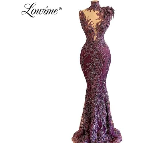 Purple Handmade Beaded Sequins Mermaid Evening Dresses 2020 Lace Illusion Neckline Muslim Party Dress Robe De Soiree Dubai Prom