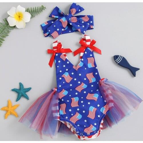 FOCUSNORM Independence Day Baby Girls Romper Dress Headband 2pcs Star Striped Printed Sleeveless Belt Lace Patchwork Jumpsuits