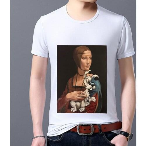 T-shirt Mens New Funny Spoof Oil Painting Pattern Printing Mens Short-sleeved Shirt High-quality White Mens Top Soft T-shirt