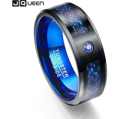 Foreign Trade Carbon Fiber Scrub Blue Zircon Men Rings 100% Tungsten Carbide Anillos para hombres Black Dragon