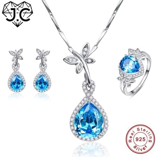 J.C Rare Anniversary Sapphire Blue Topaz Pendant & Ring & Earring Genuine Solid 925 Standard Sterling Silver Jewelry Set