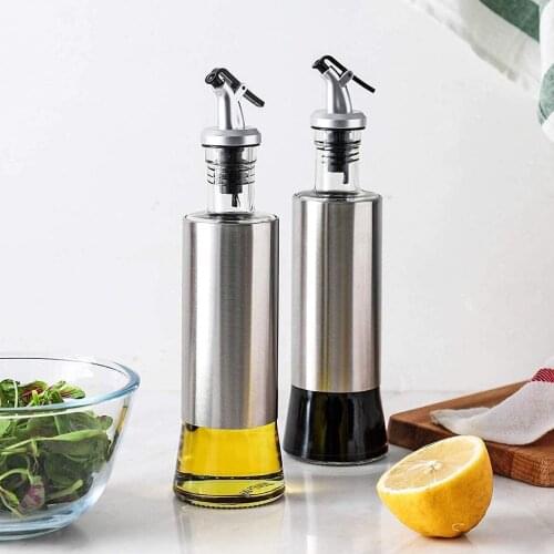 Olive Oil Dispenser Bottle, 2Pcs Premium Glass Stainless Steel Oil Vinegar Dispenser Pouring Spouts Soy Sauce Container for Kitc