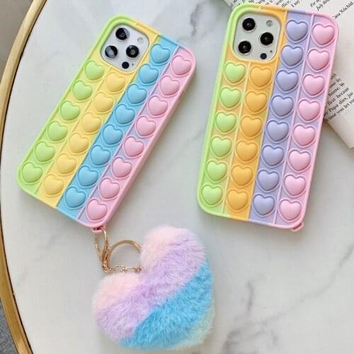 3D Cute Heart Bubble Reliver Stress Phone Case for iPhone 12 Mini 11 Pro XS Max Antistress Sensory Toys Rainbow Color Soft Cover