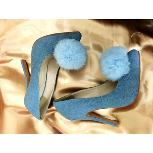 Fashion Woman Fox Fur Blue Denim Pumps Pointed Toe Cowboy Cloth High Heels Fur Ball Dress Thin Heel Shoes