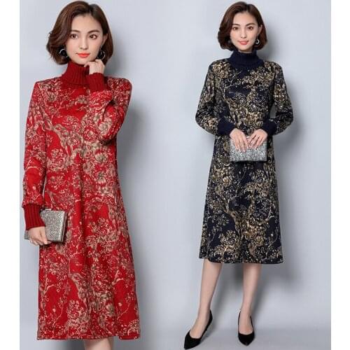 Autumn winter Vintage ethnic style Print Dresses loose cotton and linen thick dress Turtleneck dress female warm and long Dresse