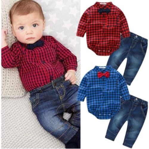 Autumn infant clothing Baby Boy Set 2PCS Baby Suit Baby Boy Clothes Gentleman Bow Tie Plaid rompers +pants Jeans Baby Set
