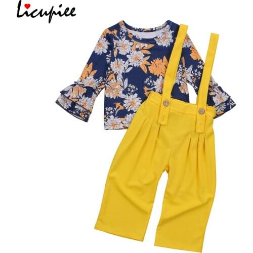 Girls Long-sleeved Trousers Suit Unique Floral T-shirt Suspender Pants Ruffles T-shirt and Floral Trumpet Pants 0-4 Year