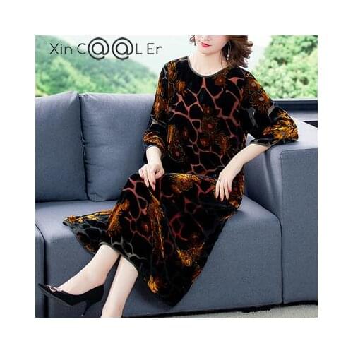 Fashion Autumn Winter Ladies Dresses Women Plus Size Loose Temperament Print Blue Dress Vestidos Elegantes Middle Aged Mother