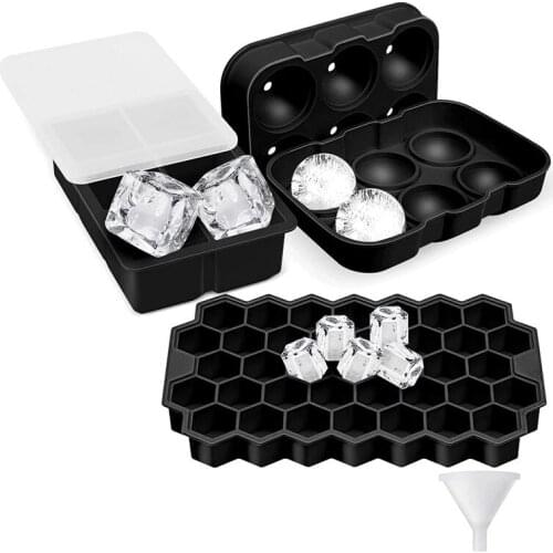 Ice Cube Tray, 3 Pack Silicone Ice Cube Trays with Lids, Sphere Square Honeycomb Ice Cube Mold, Flexible,Reusable Black