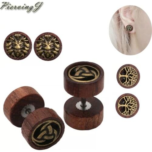 PiercingJ 1.2mm (16g) Wood Lion Head Odins Horn Life tree Sono Fake Ear Expander stainless steel Plug Piercing Stud Earring