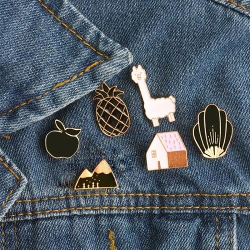 Cute Alpaca House Brooches Badge Apple Pineapple Mountain Enamel Brooch Clothes Shirt Lapel Fruit Pin Children Male Jewelry Gift