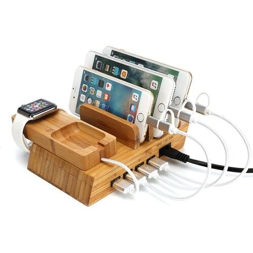 Universal Multi-port Bamboo Charging Stand 4-port USB Mobile Phone Tablet USB Charging Station for IWatch Wooden Charger Base
