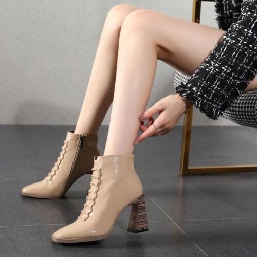 New style splicing high-heeled short boots square head single boots womens thick heel fashion boots in autumn and winter 2020
