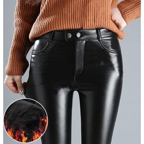 Women Black Faux Leather Pant High Waist Thick Fleece Pencil Pants 2020 Autumn Winter Skinny Ladies PU Leather Trousers