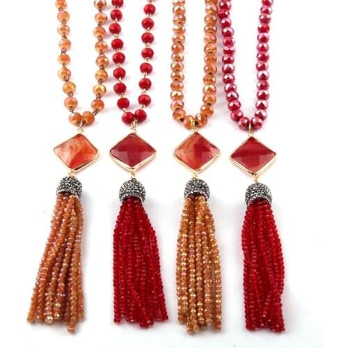 Fashion Bohemian Jewelry Glass Crystal Red/Orange & Crystal Tassel Necklace For Women Ethnic Necklace