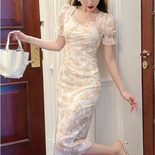 Vintage French Floral Split Midi Dress Women Elegant Kawaii Chiffon Short Sleeve Dress Print Sexy Party Dress Summer