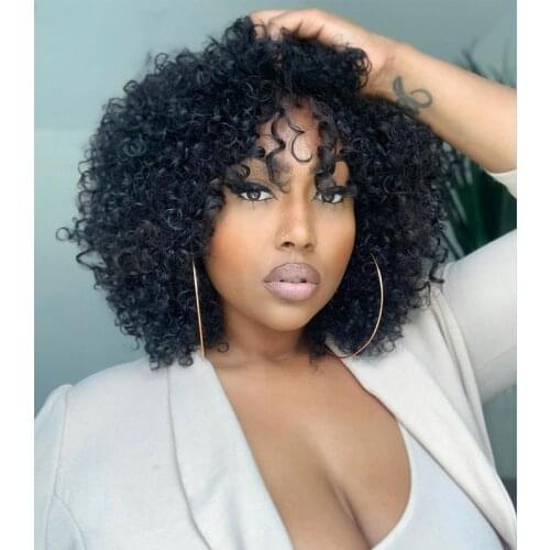 Afro Kinky Curly Human Hair Wigs For Black Women Pre Plucked Full Machine Made Brazilian Remy Hair No Lace Front Wig With Bangs