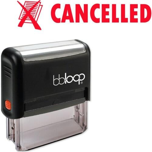 BBloop "CANCELLED" W/Crossed Out Illustration Self-Inking Rubber Stamp, Rectangular, Laser Engraved, RED
