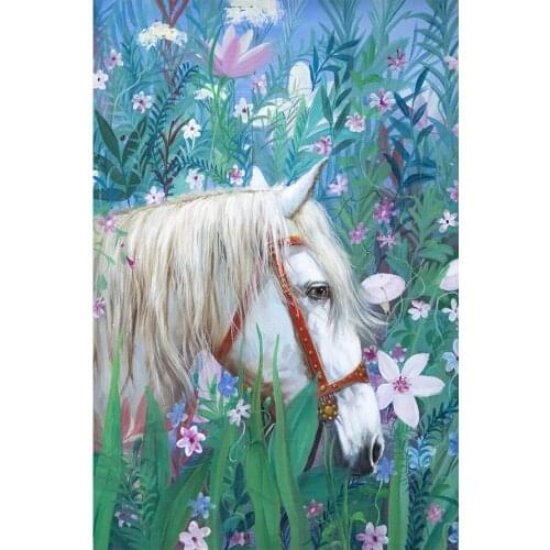 White Horse in the Flower Grass Diamond Painting Oil Animal Round Full Drill Nouveaute DIY Mosaic Embroidery 5D Cross Stitch