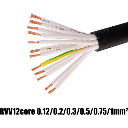 Oxygen Free Copper Wire RVV Cable 17AWG 18AWG 20AWG 22AWG 24AWG 0.2/0.3/0.5/0.75/1.0MM2 RVV 12 Cores Pins 5M Black White Line