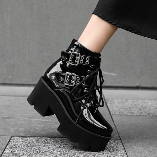 PXELENA Vintage Women Punk Rock Gothic Combat Ankle Boots Buckle PU Leather Chunky High Heels Platform Military Combat Shoes 43