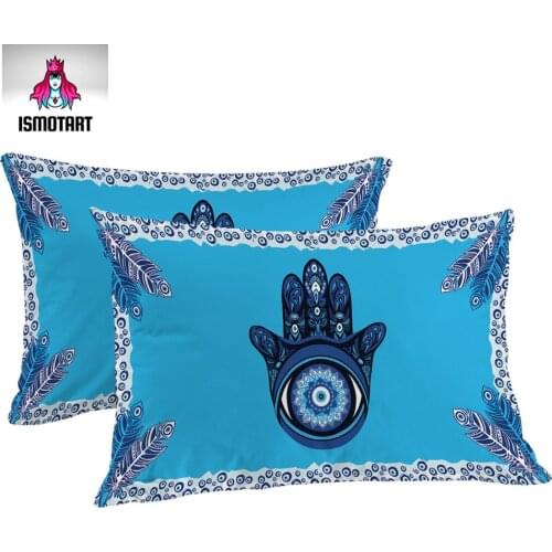 Evil Eye Hamsa by Ismot Esha Pillowcase Mandala Pillow Case Hand Blue Hippie Bedding Peacock Feather Bed Pillowcase Cover 2pcs