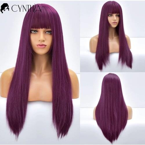 Purple Long Straight Fake Hair With Bangs Synthetic Wigs For Black White Women Colorful Ombre Fiber Cosplay Natural Wig