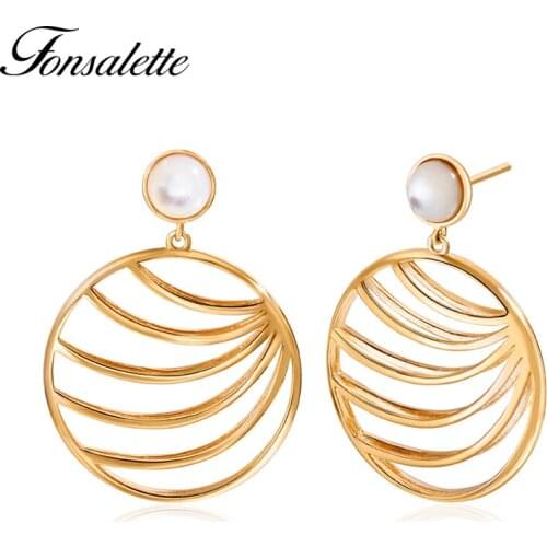 Fonsalette New Arrival 925 sterling silver 18K Gold Round Shell Pearls Palm Leaf Drop Earrings Women Wedding Jewelry gift ZK30