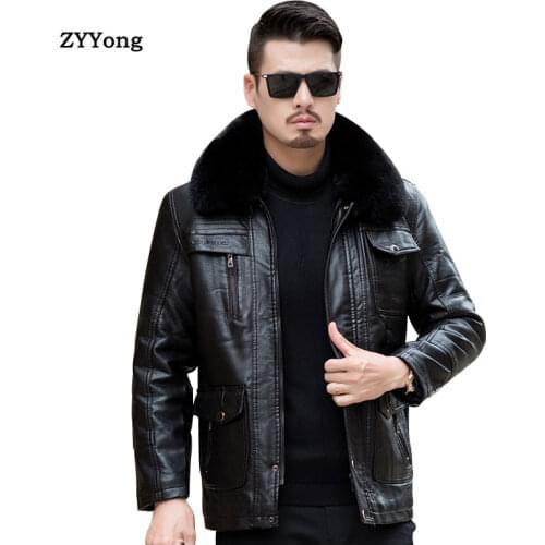 Leather Jacket Men Winter Jacket Coat Long Fleece Parka Overcoat Plus Velvet Warm Removable Fur Collar PU Casual Outwear