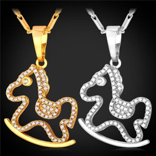 Cute Horse Necklace & Pendant Gift For WomenKid Jewelry Hobbyhorse Gold Color Full Cubic Zirconia Animal P1609