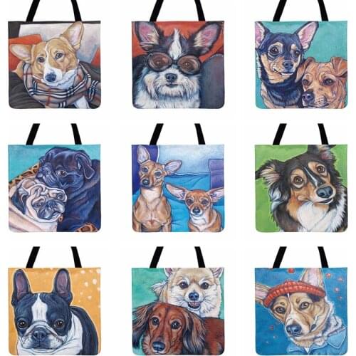 Cute Watercolor Dog Illustration Printed Tote Bag For Women Casual Tote Outdoor Beach Bags Ladies Shoulder Bag Shopping Bag