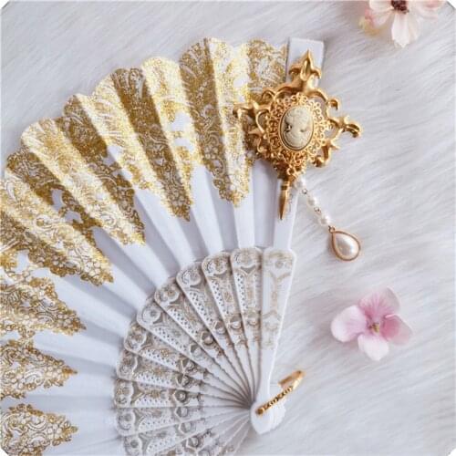 Fashion Vintage Folding Fan Handmade Lolita Pearl Gold Stamping Harajuku Gothic Model Show Photo Shoot Handheld Prop