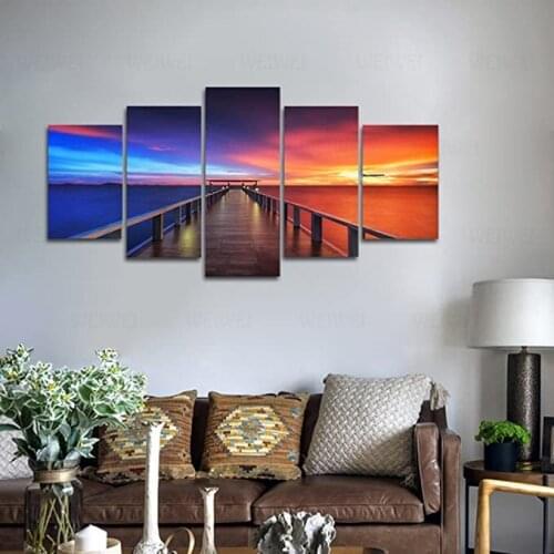 Sunset Bridge 5 Piece Modern Seascape Artwork Giclee Canvas Prints Sea Beach Landscape Pictures Paintings Wall Art for Home Deco