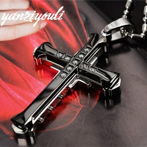 2019 Punk Necklace for Men Jesus Crystal Cross Pendant Necklaces Gold steel Black Cross Necklace Fashion Jewelry