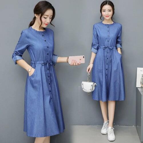 New Spring Autumn Women Dresses Plus Size Fashion O-Neck Collect Waist Slim Solid Button Jeans Dress For Women Denim One-Piece