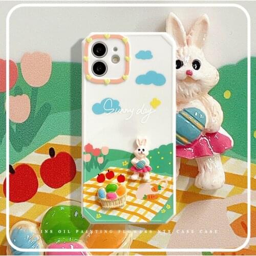 Retro 3D kawaii rabbit sweet picnic art kawaii Japanese Phone Case For iPhone 12 11 Pro Max Xs Max X Xr 7 8 Plus Case Cute Cover