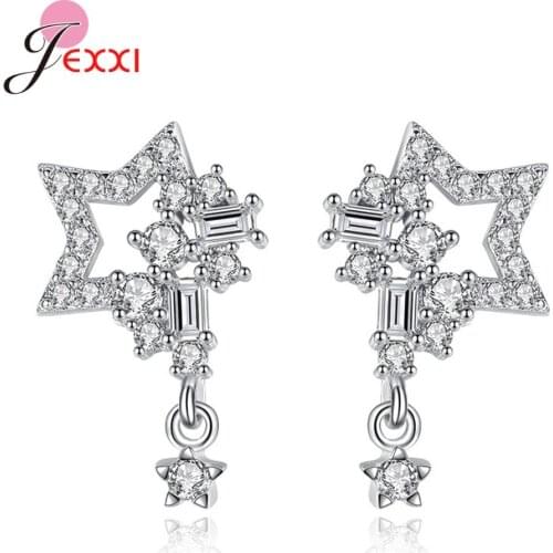 Trendy Crystal Geometric Women Stud Earrings 925 Sterling Silver Crystal Star Pendant Statement Pendientes for Women