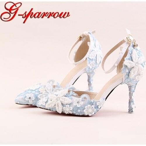 Blue Lace Bridal Shoes Pointed Toe and Round Toe Wedding Dress Shoes with Ankle Straps Matric Graduate Farewell Ceremony Pumps