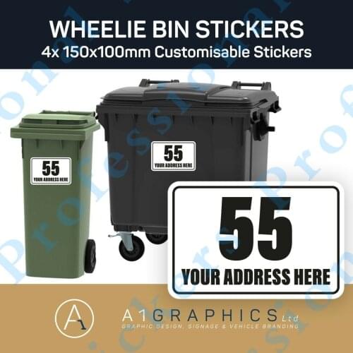 4x WHEELIE BIN NUMBERS CUSTOM HOUSE AND ROAD STREET NAME ADDRESS STICKERS Waterproof Vinyl stickers for car Motos
