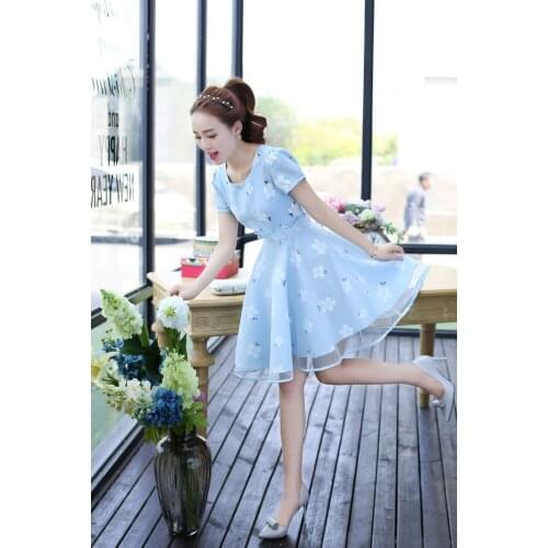 ZB2902 2020 new summer women Sweet fresh flower mesh print cotton and hemp short sleeve princess dress cheap wholesale