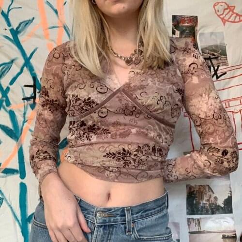 Women Vintage Style Mesh Crop Tops Summer Autumn Slim T-shirt Plant Print Long Sleeve V-neck Pullover for Female