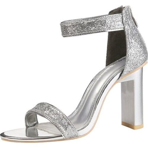 2020 new European and American high heels thick with metal sequins sexy thin band open toe word sandals womens shoes summer