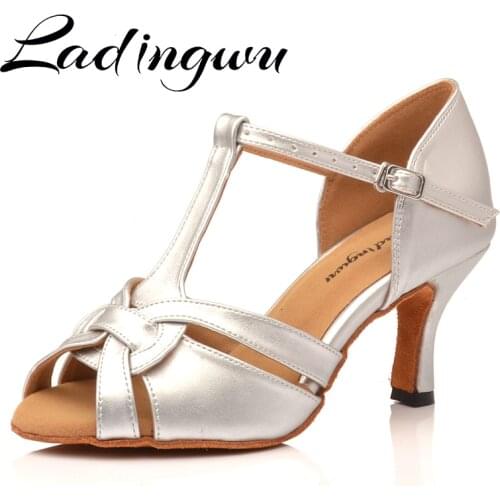 Ladingwu Womens Dance Shoes Soft Bottom Silver Leather Microfiber Samba Tango Ballroom Salsa Latin Dance Shoes Heel 6-10cm