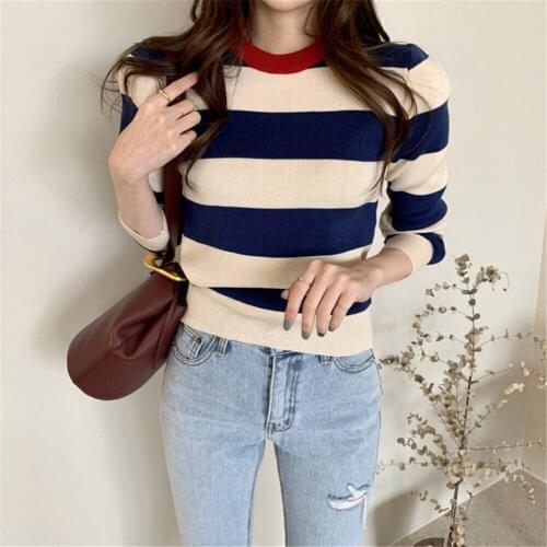 Harteen Vintage Pullover Striped Top Femme Sweater Women Autumn Winter Fashionable Long Sleeve Sweater Blusa De Frio Feminina
