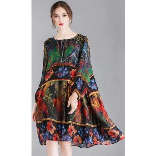 Large size ladies' fashion printing dresses Womens casual loose high waist crew neck Elegant dress spring new long sleeve dress